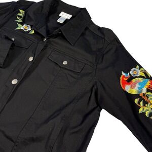 Yi Lin Black Embroidered Bird‎ Floral Denim Jacket Women's Size L
